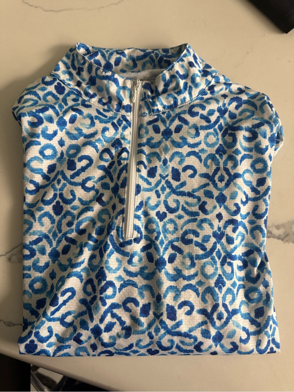 Gottex Blue and White Patterned Long Sleeve Zip-Neck Top - Picture 2 of 3